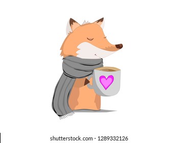 Cute cartoon fox with cup of tea and a scarf on a white background