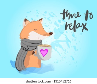 Cute cartoon fox with cup of tea and a scarf on a white background. Time to relax