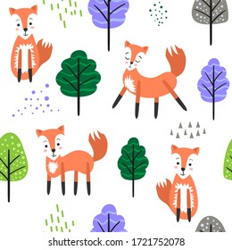 Cute cartoon fox in different poses. Forest and trees. Seamless pattern. Flat vector illustration. Isolated.