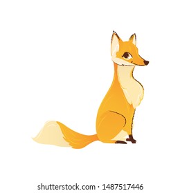 Cute cartoon fox drawing, hand drawn wild animal design with smile and sly face and fluffy tail, isolated flat vector illustration on white background