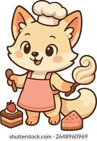 A cute cartoon fox dressed as a pastry chef, holding a piping bag and spoon with cakes around. Perfect for kids' designs, bakery themes, or sweet food illustrations.