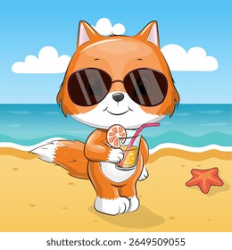 A Cute Cartoon Fox with a Drink and Sun Glasses on the Beach. Summer animal vector illustration with sea, sun, sand, starfish.