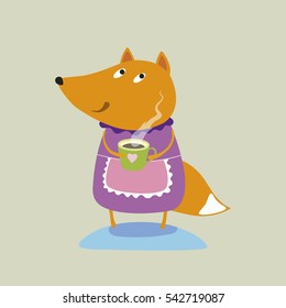   Cute cartoon fox  drinking coffee  . Vector isolated illustration  ute vector colorful fox illustration.Lovely   fox illustration for prints, posters, t-shirts.