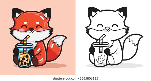 Cute cartoon fox drinks Boba Tea