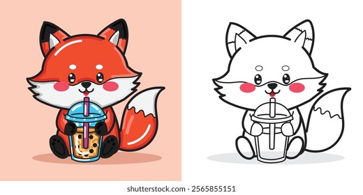 Cute cartoon fox drinks Boba Tea good for Element Design or Coloring Book