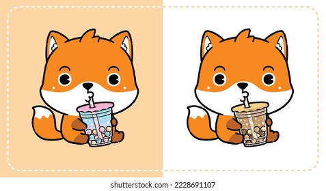 Cute Cartoon Fox Eating Boba Bubble Milk Tea, Animal Drink Icon Concept Vector. Flat Cartoon Style