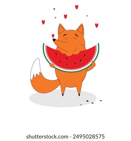 Cute cartoon fox eating watermelon. Vector illustration of an animal with fruits.Children's summer illustration.