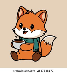 Fox de desenhos animados bonito desfrutando de uma ilustração de bebida quente