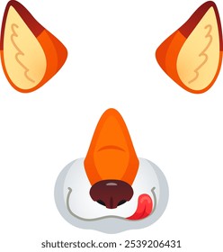 Cute cartoon fox face with bright orange ears and mouth playfully licking its nose on a white background, perfect for various design projects