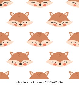 Cute cartoon fox face seamless pattern. 