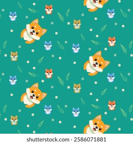 Cute Cartoon Fox Faces and Floral Pattern on Green Background