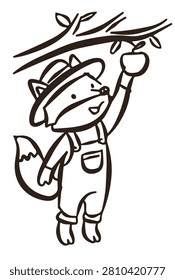 Cute cartoon fox farmer character reaching up to pick an apple from a tree branch line art doodle.
