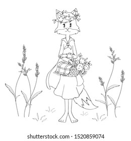 Cute cartoon fox with a flower basket and a wreath on her head. Set of black and white vector illustrations for coloring book. Decor elements for kids products.
