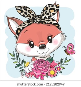 Cute Cartoon Fox with flowers and a bow