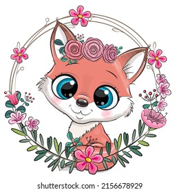  Cute Cartoon Fox with flowers and a bow in a flower frame