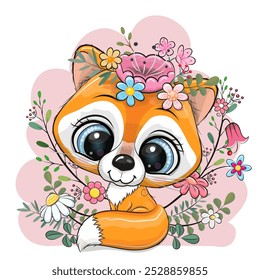 Cute Cartoon Fox with flowers and branches