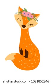 Cute cartoon fox with flowers on his head hand drawn style. Vector illustration isolated on white background.