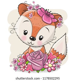 Cute Cartoon Fox with flowers on a white background