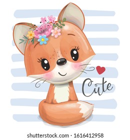 Cute Cartoon Fox with flowers on a striped background