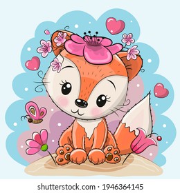 Cute Cartoon Fox with flowers on a blue background