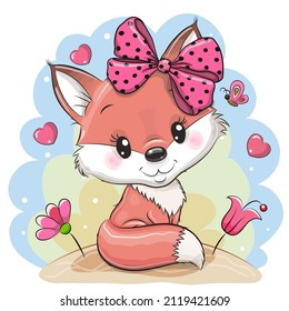 Cute cartoon Fox with flowers on a blue background