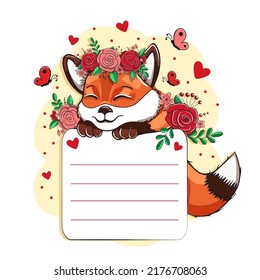 Cute Cartoon Fox with flowers. Template for greeting card, invitation and other. vector illustration
