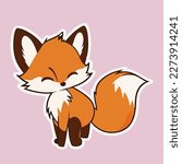 Cute cartoon fox. A fox with a fluffy tail smiles with closed eyes.