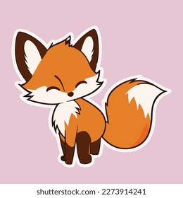 Cute cartoon fox  A fox and fluffy tail smiles and closed eyes 