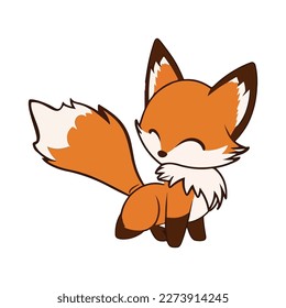 Cute cartoon fox. Fox with a fluffy tail smiles with closed eyes.