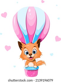 Cute cartoon fox is flying in a hot air balloon