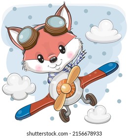 Cute Cartoon Fox is flying on a plane