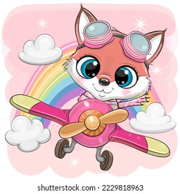 Cute Cartoon Fox is flying on a plane on a pink background