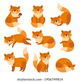 Cute cartoon fox. Forest foxes, red animals with fluffy tails. Flat foxy character running or standing, isolated wildlife symbols exact vector set