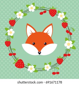 Cute cartoon fox in a frame of flowers and berries