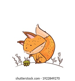 Cute cartoon fox with frog among flowers among flowers. Funny fox. Hand drawn characters isolate on white background. Vector illustration.