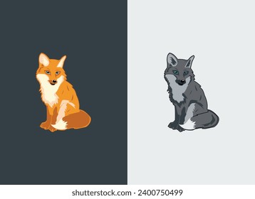 Cute cartoon fox full body. Cartoon fox sitting.