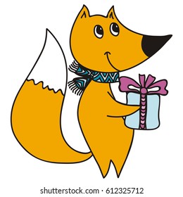 Cute cartoon fox with gift. Vector illustration.