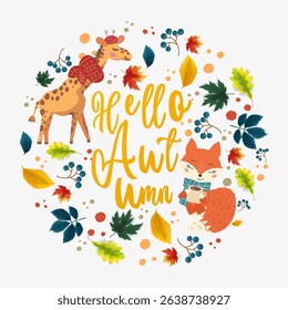 Cute cartoon fox and giraffe in an autumn wreath of colorful leaves and berries. Hello Autumn text. Charming vector illustration for seasonal designs, greeting cards, and kid-friendly projects