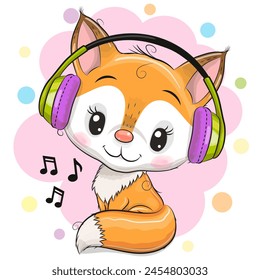 Cute cartoon Fox girl with headphones on a pink background