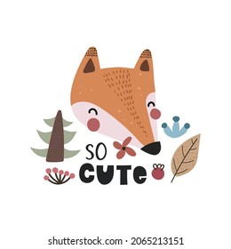 so cute. Cartoon fox, hand drawing lettering, decor elements. Forest. colorful vector illustration for kids, flat style. baby design for cards, print, posters, logo, cover