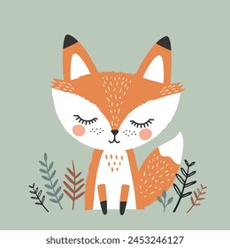 Cute cartoon fox. Hand drawn vector illustration in Scandinavian style.