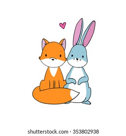 Cute cartoon fox and hare.  Hand drawing isolated objects on white background. Vector illustration.