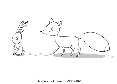  Cute cartoon fox and hare. Winter.  Hand drawing isolated objects on white background. Vector illustration.