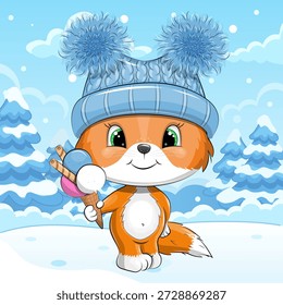Fox de desenho animado bonito com chapéu e sorvete no inverno. Ilustração vetorial de Animal na natureza em um fundo azul com neve.