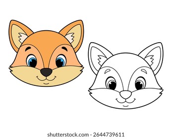 Cute cartoon fox head illustration, with one colored version and one black and white outline. Ideal for animal themes or children's coloring pages.
