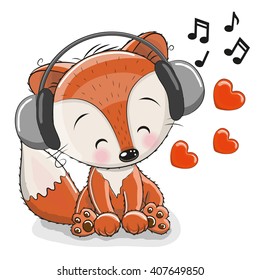 Cute cartoon Fox with headphones and hearts