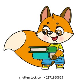 Cute cartoon fox hold a book stack color variation for coloring page on white background