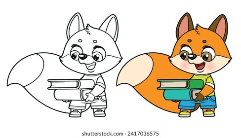 Cute cartoon fox hold a book stack color and outlined for coloring page on white background 