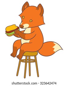 Cute cartoon fox holding big tasty sandwich  - vector drawing