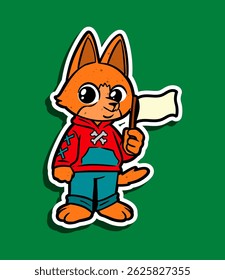 Cute Cartoon Fox Holding a Flag